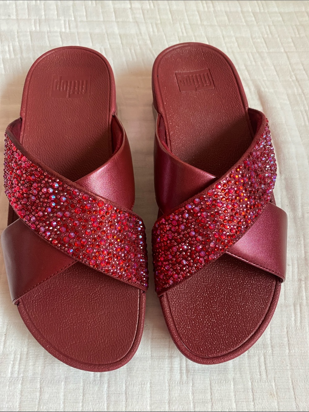FITFLOP Burgundy Crystal Crossband Slide Sandals